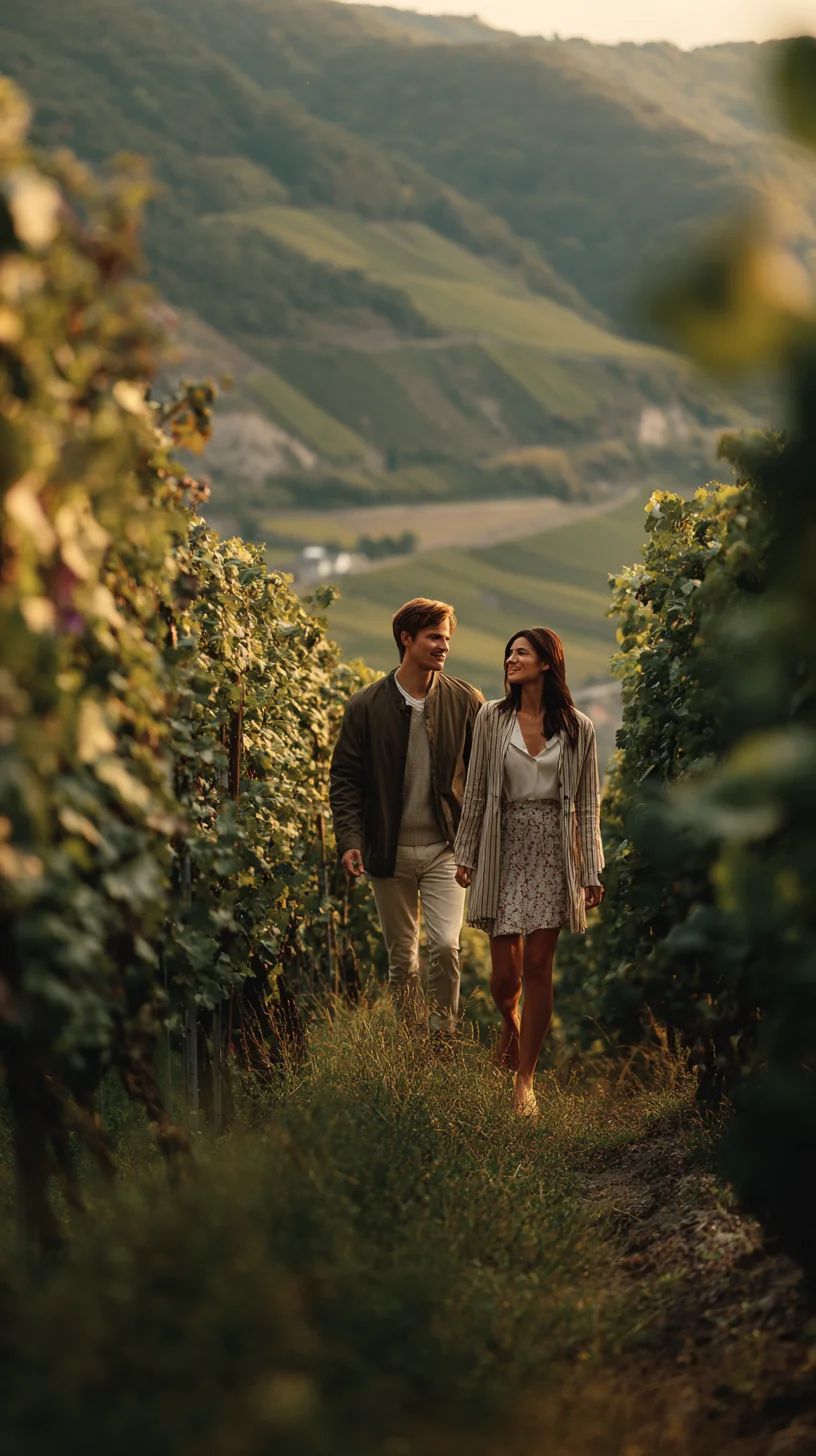 Weinberge mit goldenen Trauben und Rhein im Hintergrund